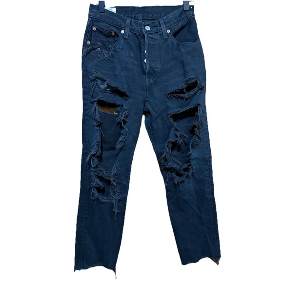 Levi's 501 Premium Black High Rise Super Distressed Rough Hem Size 25x28 EUC‎ - Picture 1 of 6